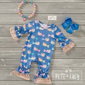 PETE + LUCY Mermaid and Shells Blue Yellow Romper 3-6 Months NEW